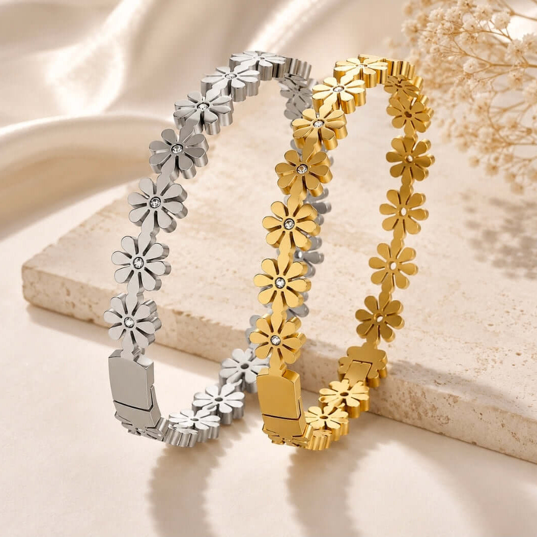 Daisy Bloom Crystal Bracelet in 18K Gold Plated and Stainless Steel Silver designs with floral accents.