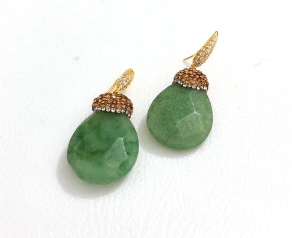 Amy Drop Earrings - Rhinestone with green gemstone pendant and gold plating for a chic look.