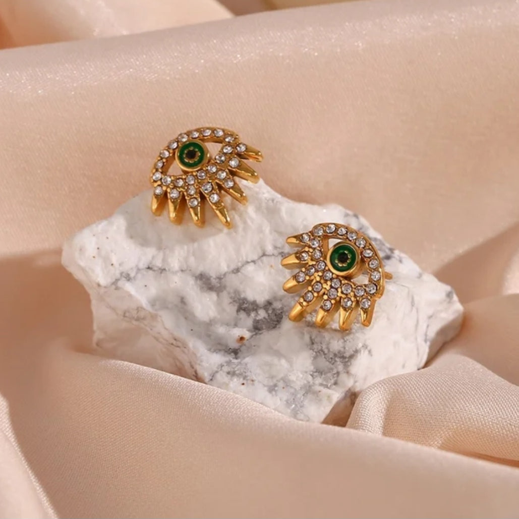 evil eye earrings with green enamel 18k gold plated