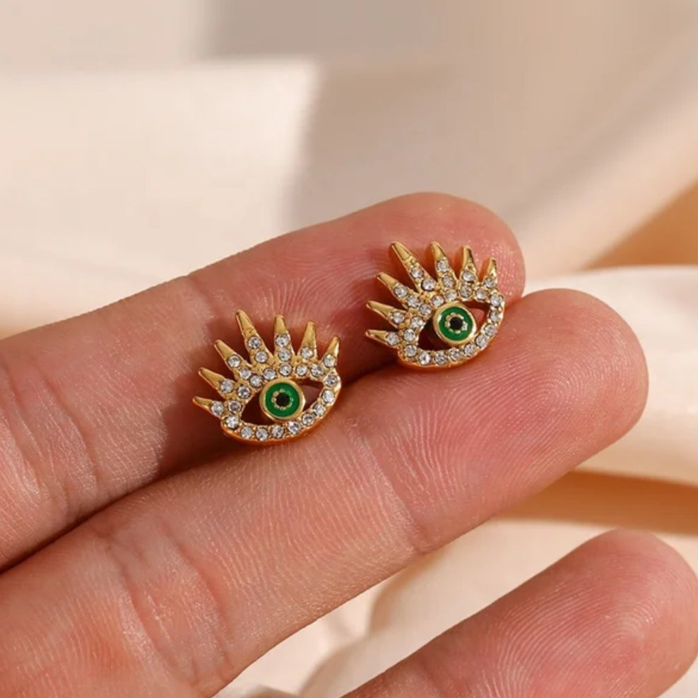 evil eye earrings with green enamel 18k gold plated