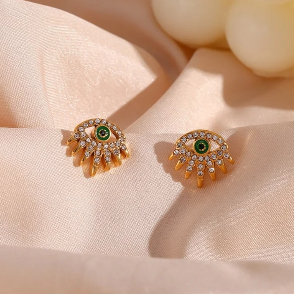 evil eye earrings with green enamel 18k gold plated