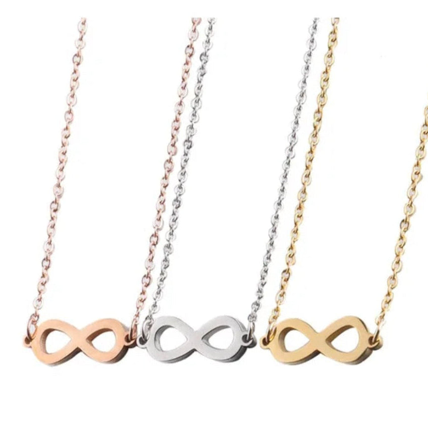 Infinity necklace in gold and silver showcasing three variations in different metals, representing eternal love.