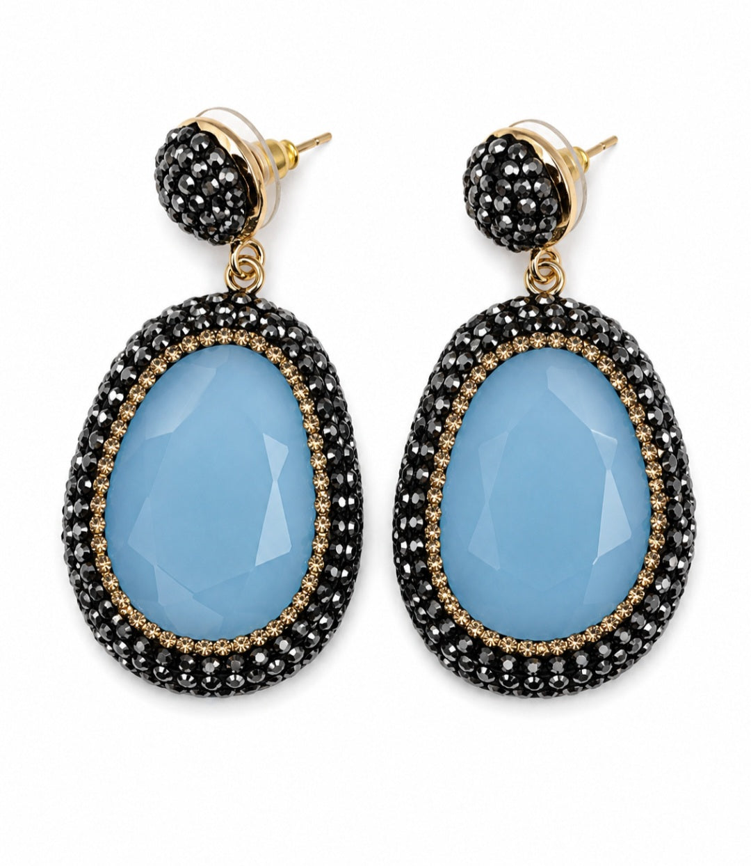 Myra Stone Pendant Earrings featuring a blue stone pendant with rhinestones, elegant accessory for all occasions.