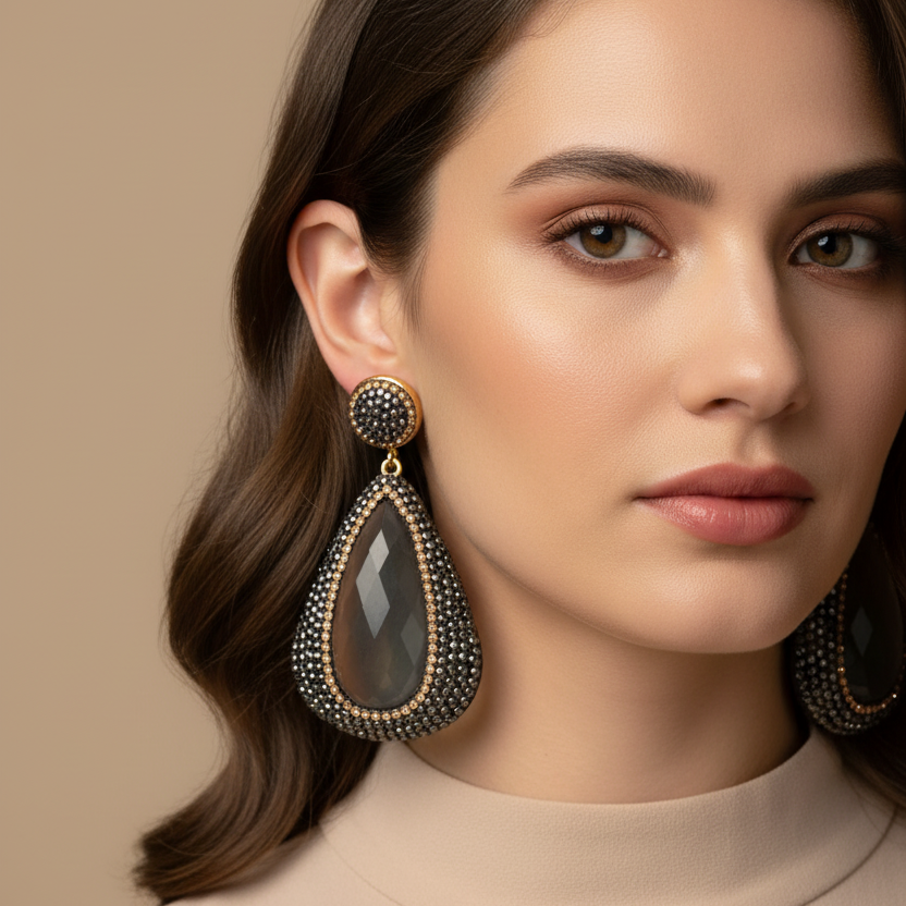 Cima stone pendant earrings featuring rhinestones and a classic design worn by a model.
