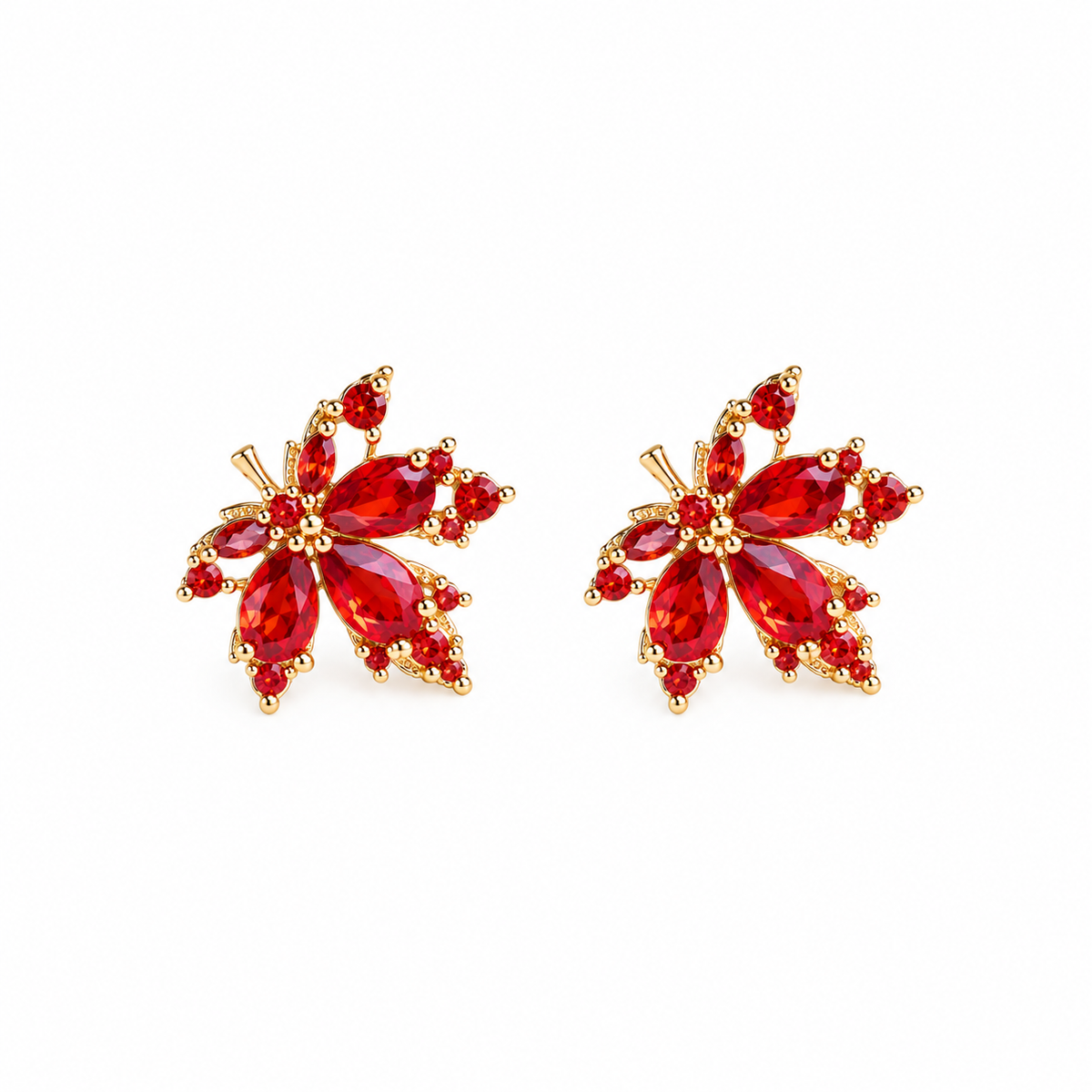 Ruby Cubic Zirconia Maple Leaf Stud Earrings