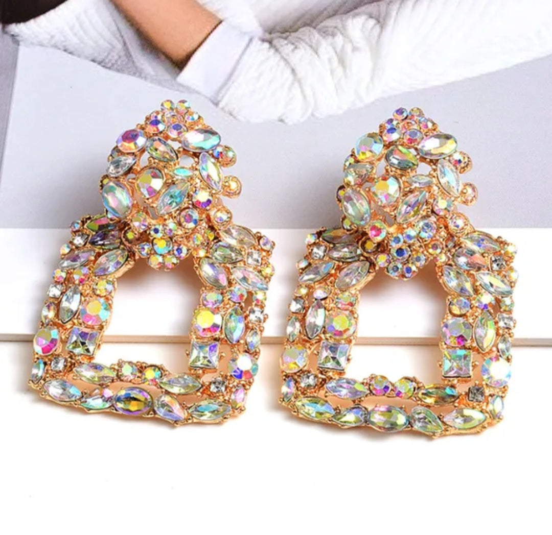 Aurora borealis iridescent crystal triangle drop earrings
