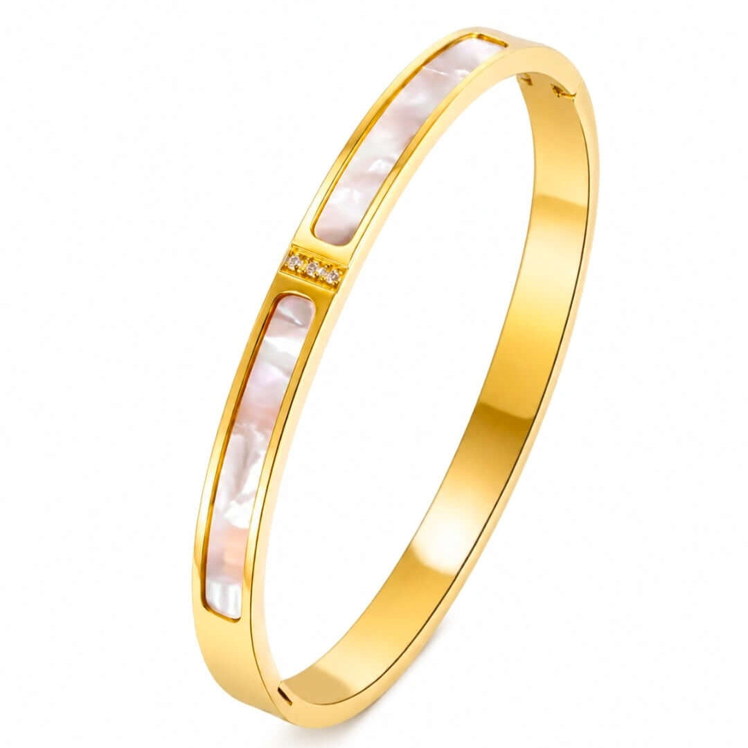 Grace Mother of Pearl Gold Bangle — 18k gold plated stainless steel bangle with mother-of-pearl inlays and CZ accents by Zoha Los Angeles