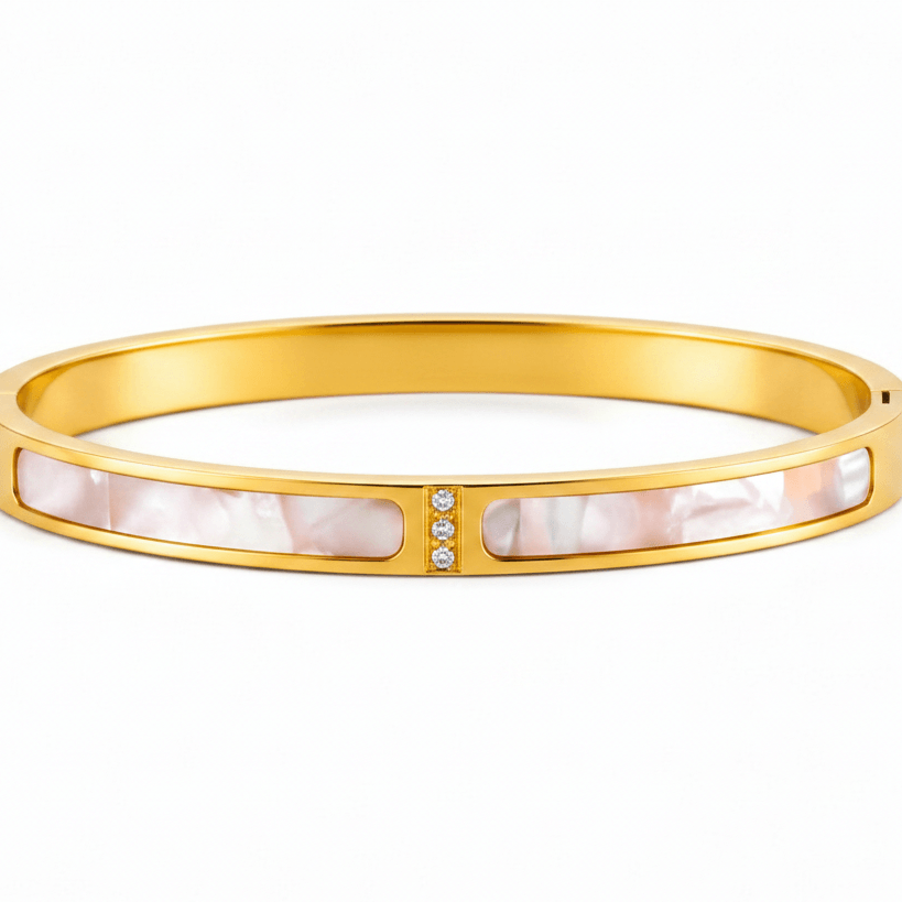 Grace Mother of Pearl Gold Bangle — 18k gold plated stainless steel bangle with mother-of-pearl inlays and CZ accents by Zoha Los Angeles