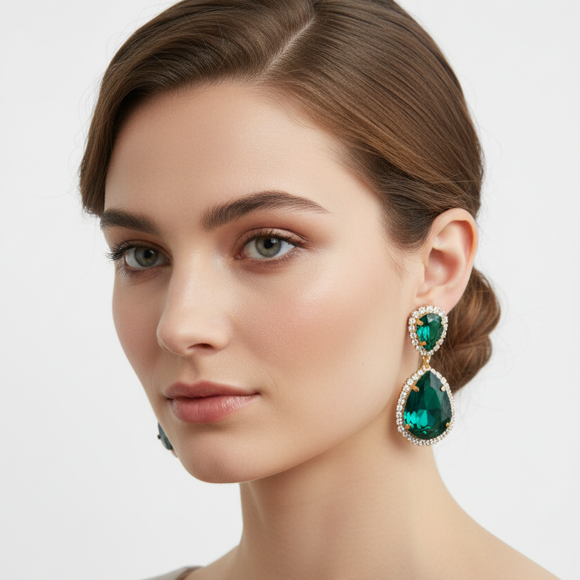 Jena double teardrop halo drop earrings in gold emerald by Zoha Los Angeles