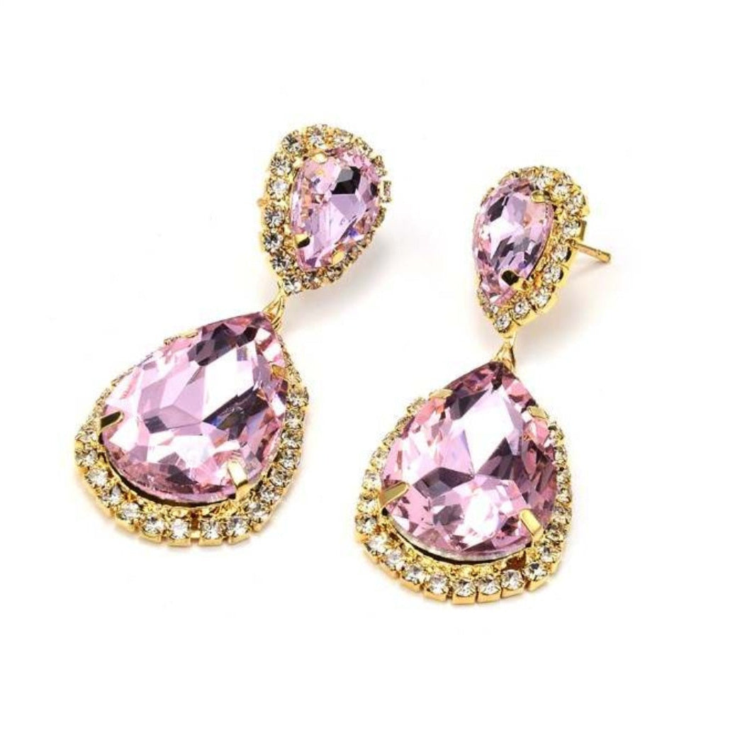 Jena double teardrop halo drop earrings in gold sapphire by Zoha Los Angeles