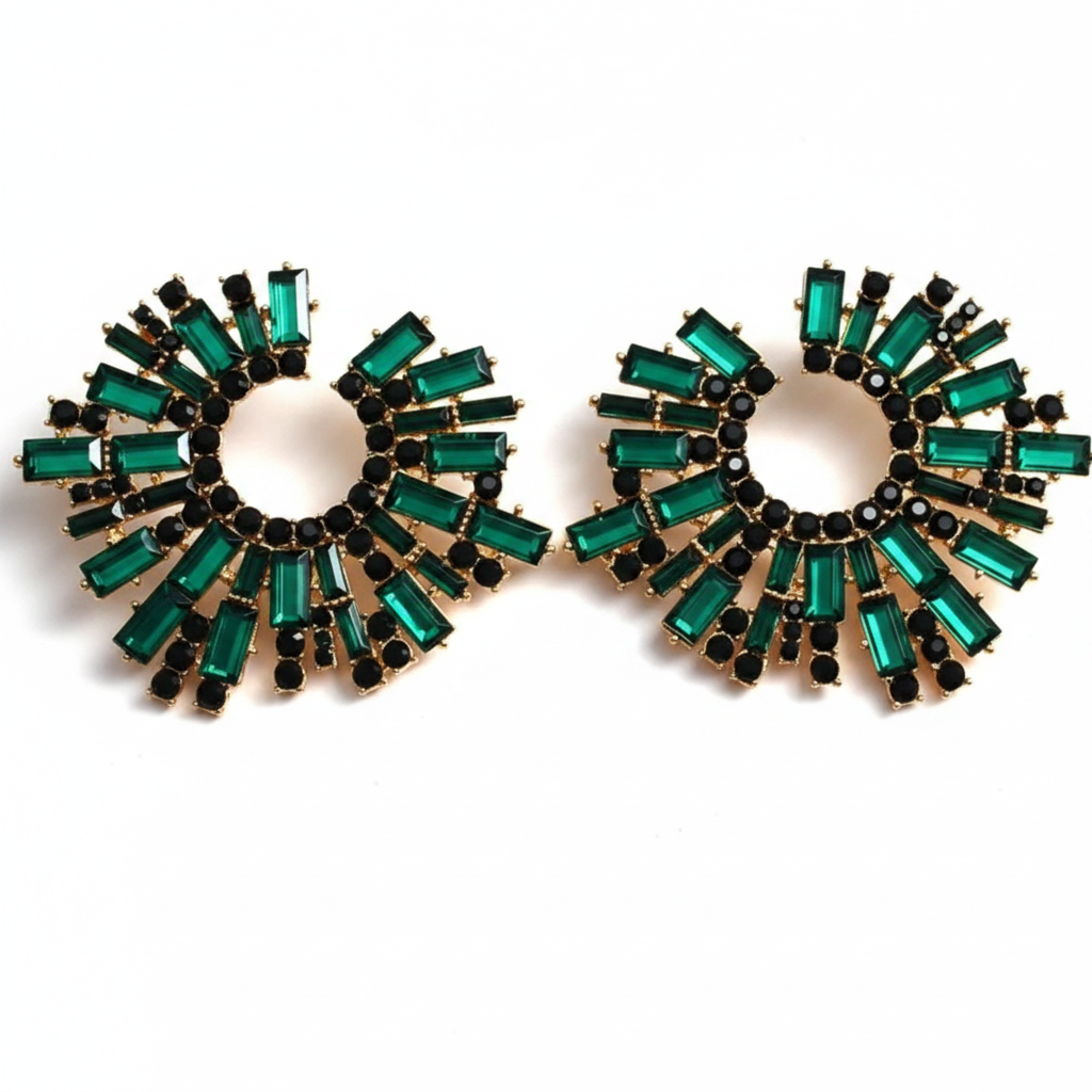 Jenny Sunburst Fan Earrings – Baguette Rhinestone Statement Hoops in green| Zoha Los Angeles