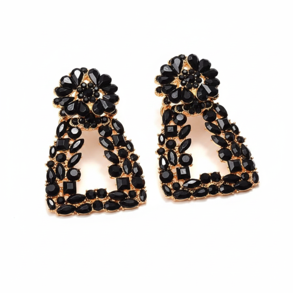 Laila Crystal Drop Earrings – Rhinestone Trapezoid Statement Drops in black | Zoha Los Angeles