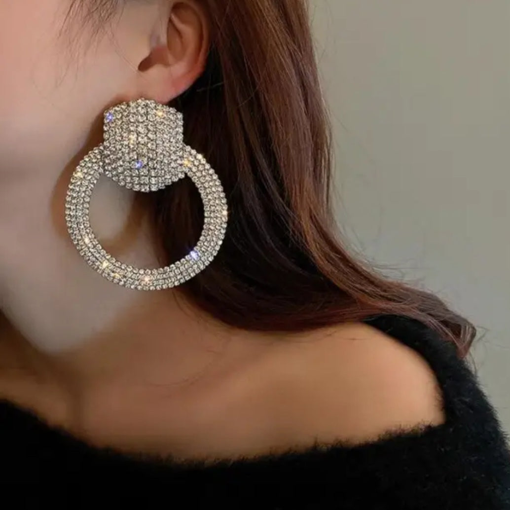 Liya Crystal Pavé Drop Hoop Earrings – Rhinestone Encrusted Hoops in silver| Zoha Los Angeles