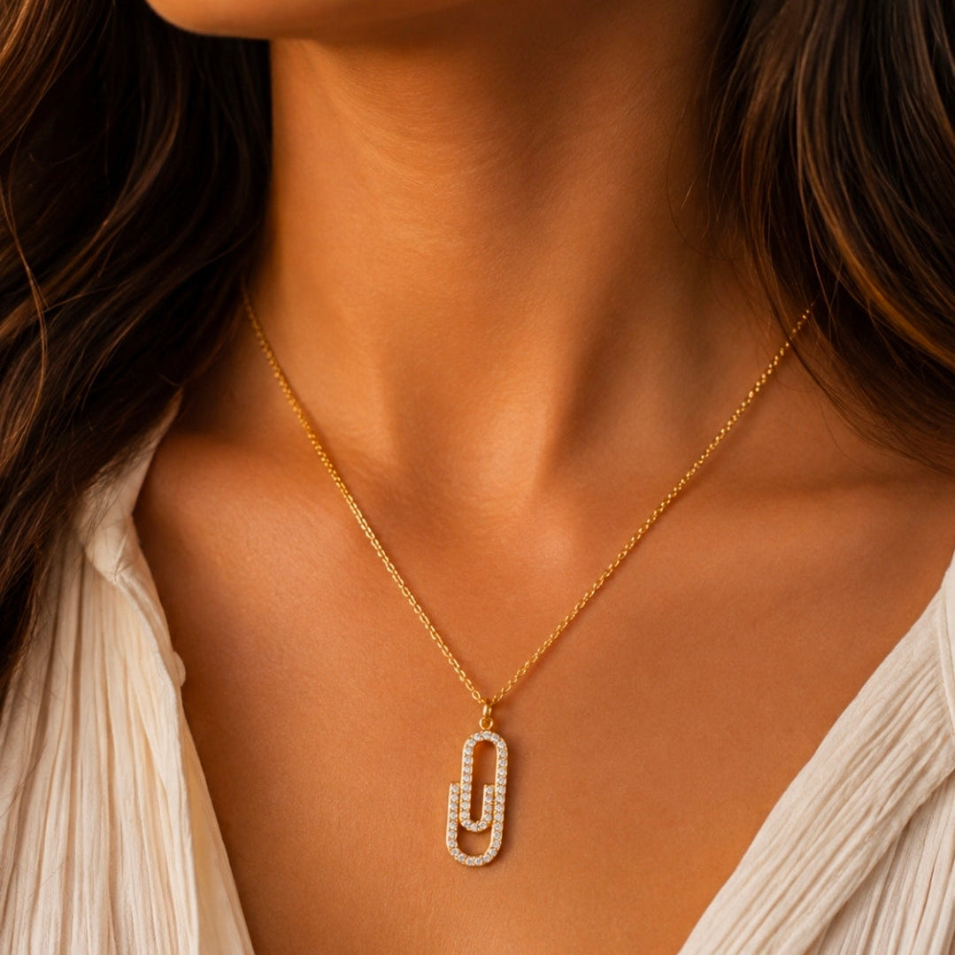 Pavé Paperclip Necklace in Gold - Zoha Los Angeles