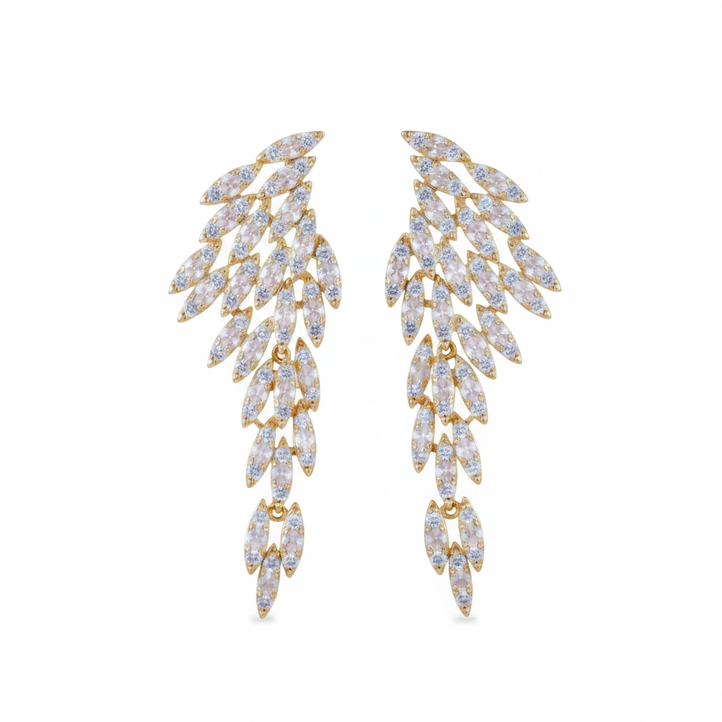Nysa feather earrings featuring cascading angel wing drops with cubic zirconia crystal leaf petals.