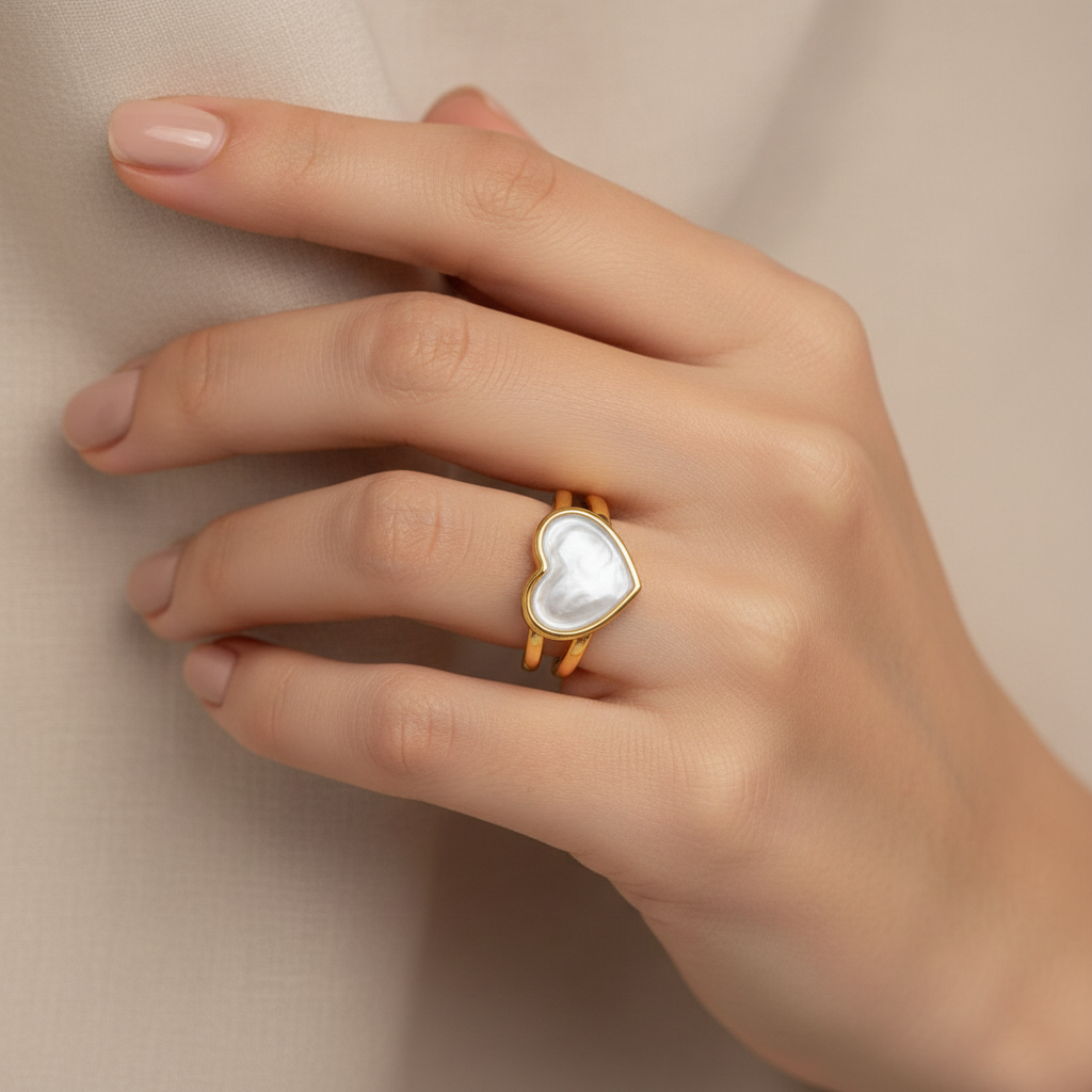 Amour Pearl Heart Ring – large mother-of-pearl heart inlay on gold triple-band cuff – Zoha Los Angeles