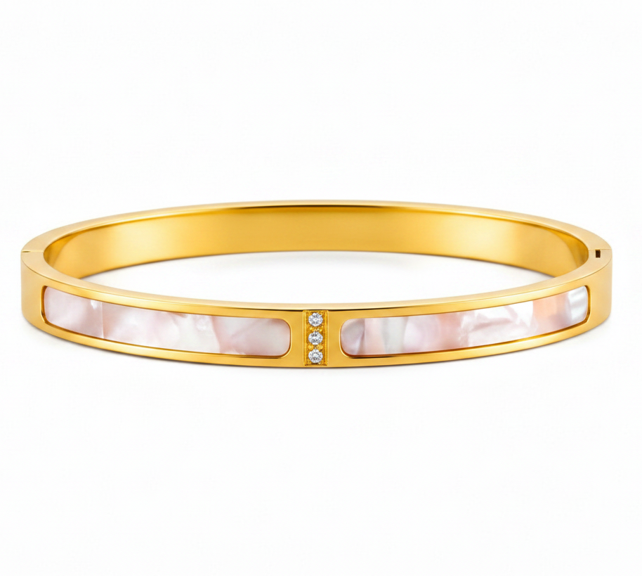 Grace Mother of Pearl Gold Bangle — 18k gold plated stainless steel bangle with mother-of-pearl inlays and CZ accents by Zoha Los Angeles