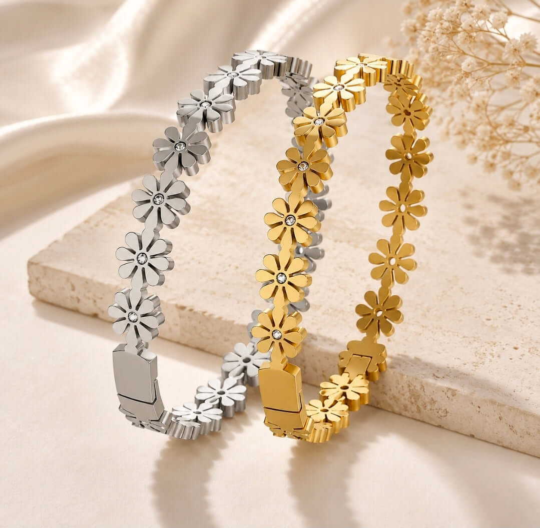Daisy Bloom Crystal Bracelet in 18K Gold Plated and Stainless Steel Silver designs with floral accents.