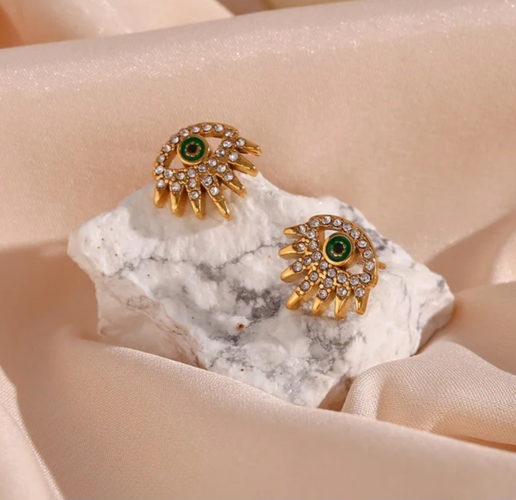 evil eye earrings with green enamel 18k gold plated 