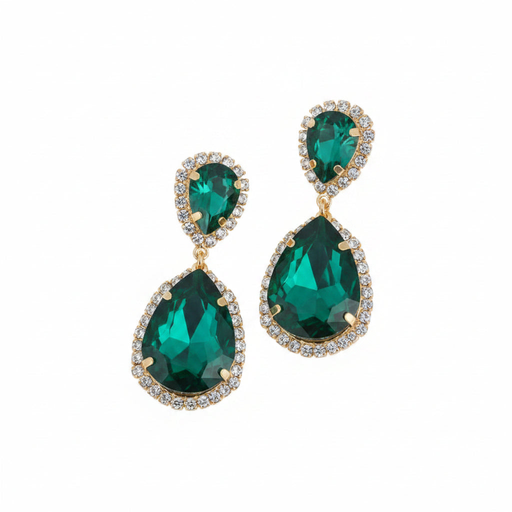 Jena double teardrop halo drop earrings in gold emerald by Zoha Los Angeles