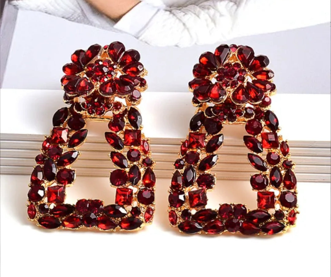 Laila Crystal Drop Earrings – Rhinestone Trapezoid Statement Drops in red | Zoha Los Angeles