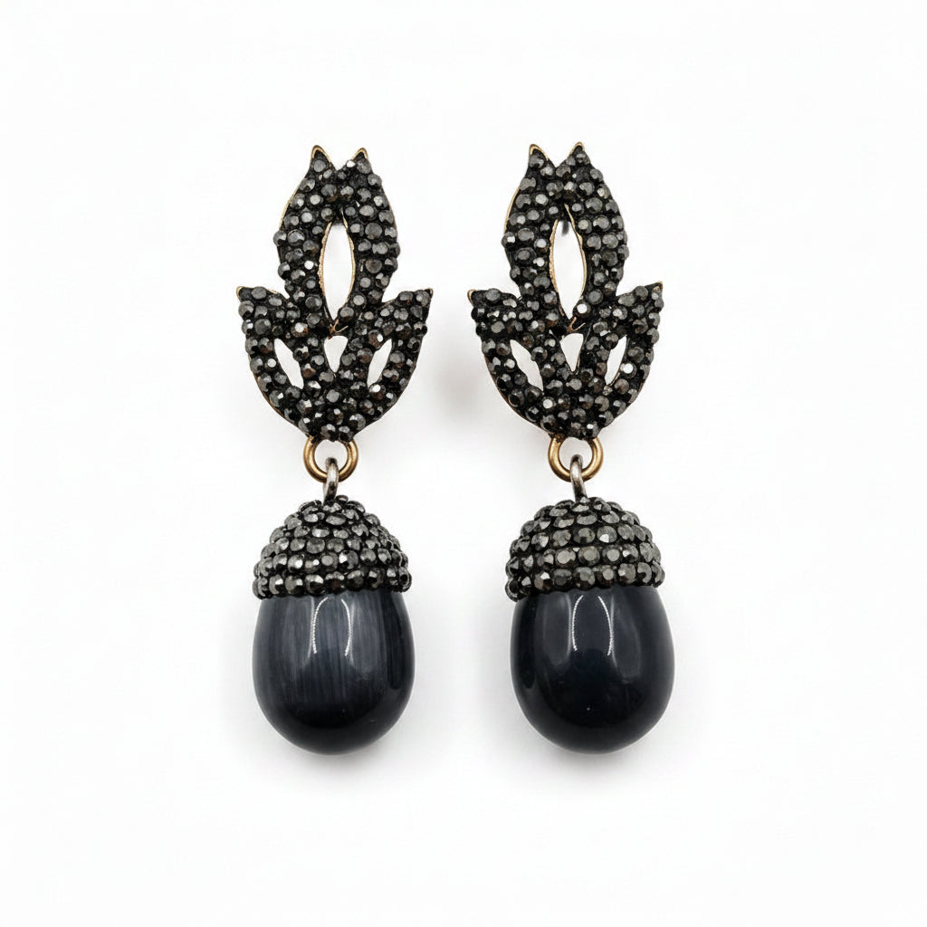 Nina Stone Drop Earrings in Black with crystal rhinestone pendant – gold plated – Zoha Los Angeles
