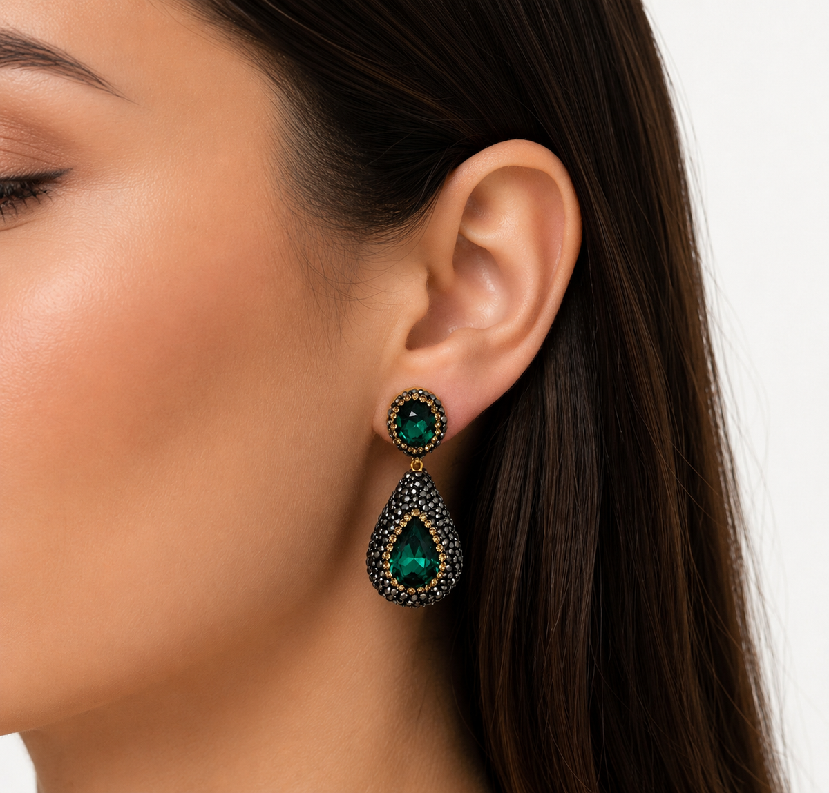 nano stone pendant earrings featuring green gemstones and black pavé rhinestones with gold accents