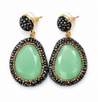 Myra stone pendant earrings in green with black rhinestones, perfect for adding elegance and color to any outfit.