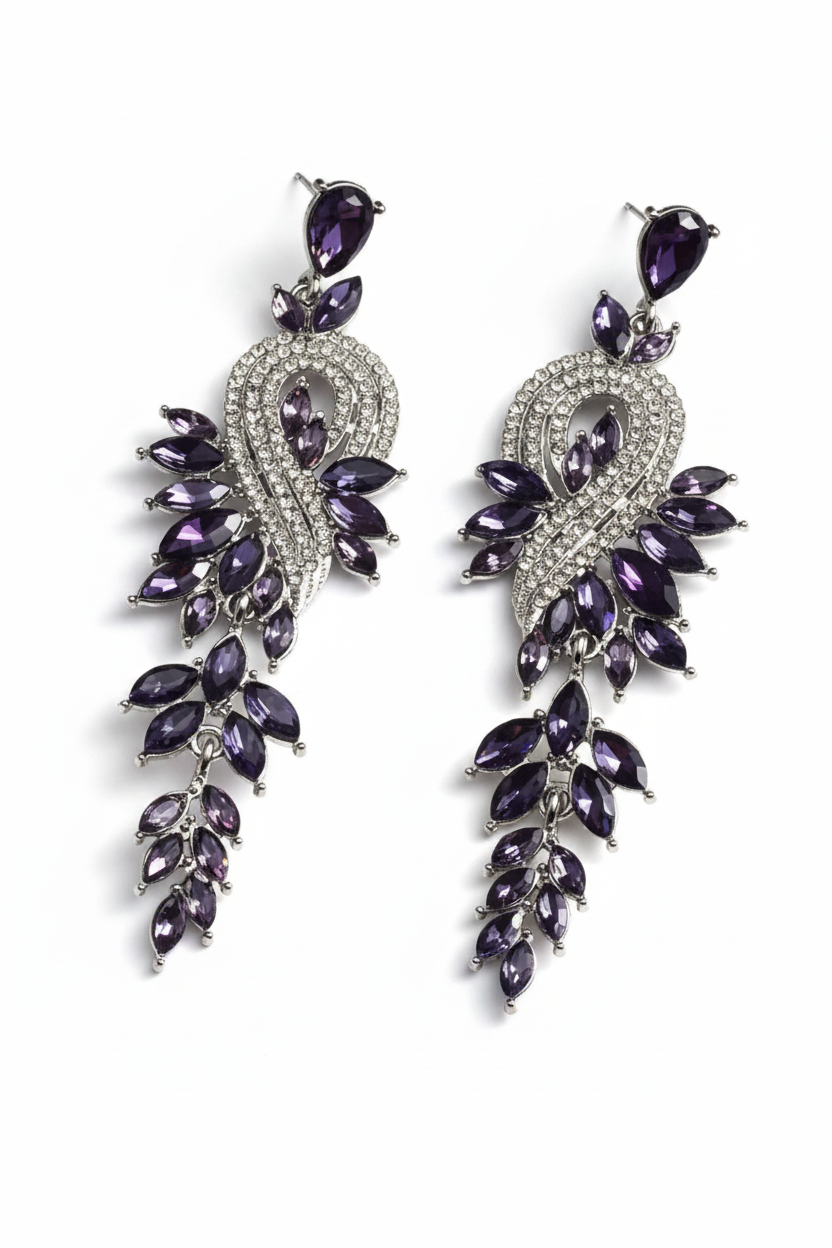 Tiarra Chandelier Drop Earrings – Pavé CZ & Crystal Leaf Cascade in Silver Purple | Zoha Los Angeles
