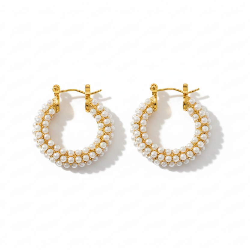 chunky pearl hoop earrings - Rida, luxurious gold-plated earrings encrusted with white pearls.