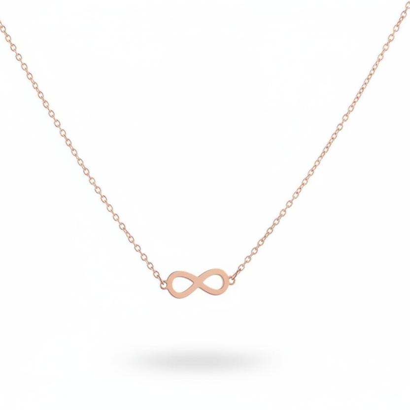 infinity necklace in gold and silver - Amna featuring a minimalist infinity symbol in rose gold.