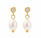 Gold-tone crystal stud earrings with oval white pearl drops 