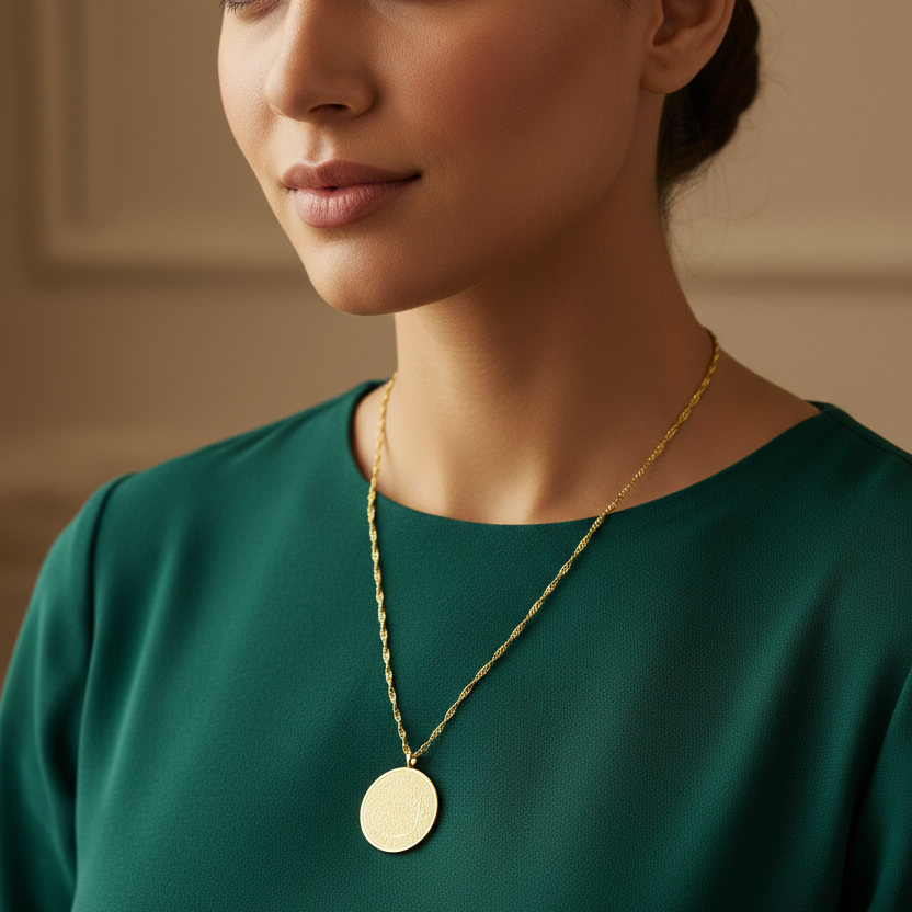 A close-up view of a woman wearing a 4 Qul verse necklace with a gold chain and a round pendant.