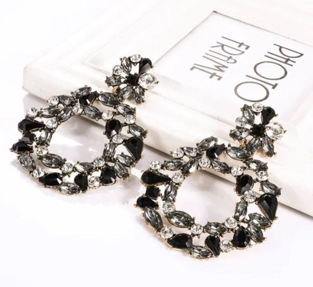 Alyssa Rhinestone Drop Earrings – Floral Wreath Crystal Drops in Black | Zoha Los Angeles