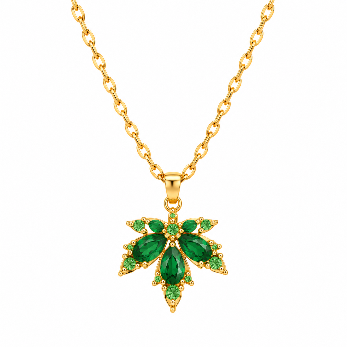 Autumn Glow maple leaf necklace with emerald-green cubic zirconia stones