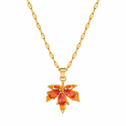 Autumn Glow maple leaf necklace with ruby-red cubic zirconia stones 