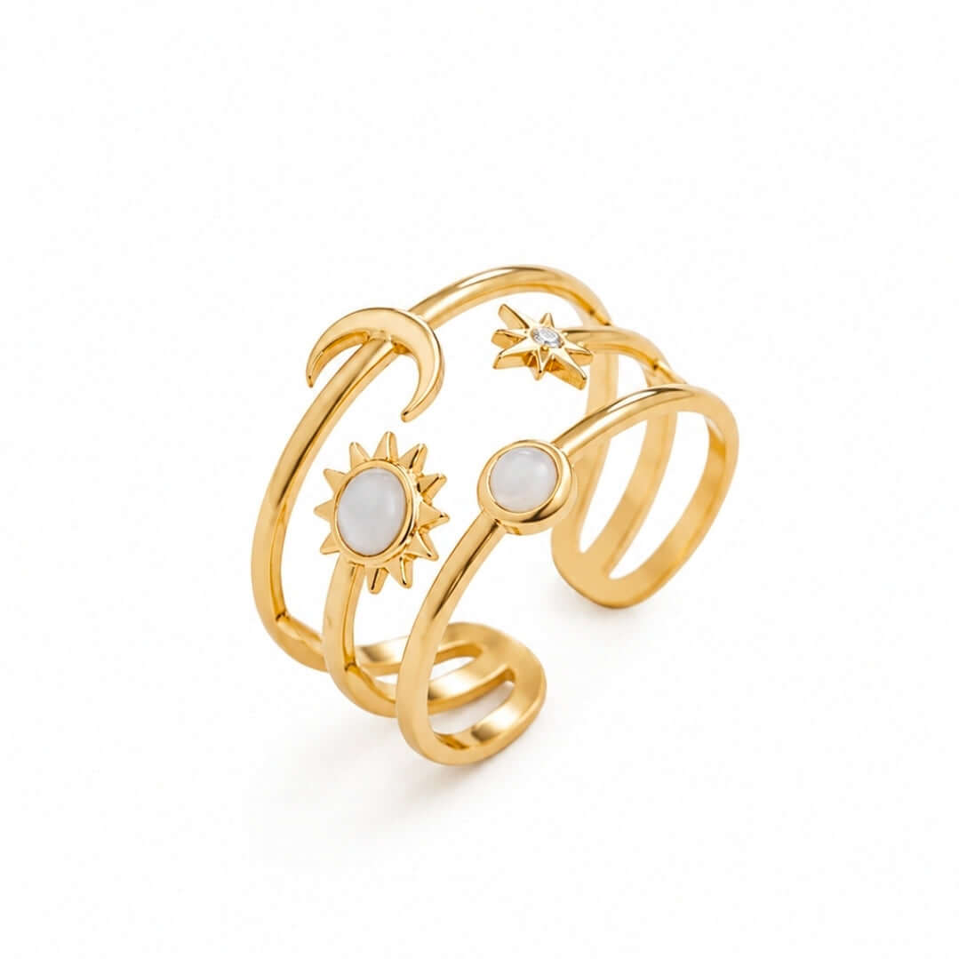 Celestial Harmony Ring – multi-band gold cuff with moon sun and star – Zoha Los Angeles