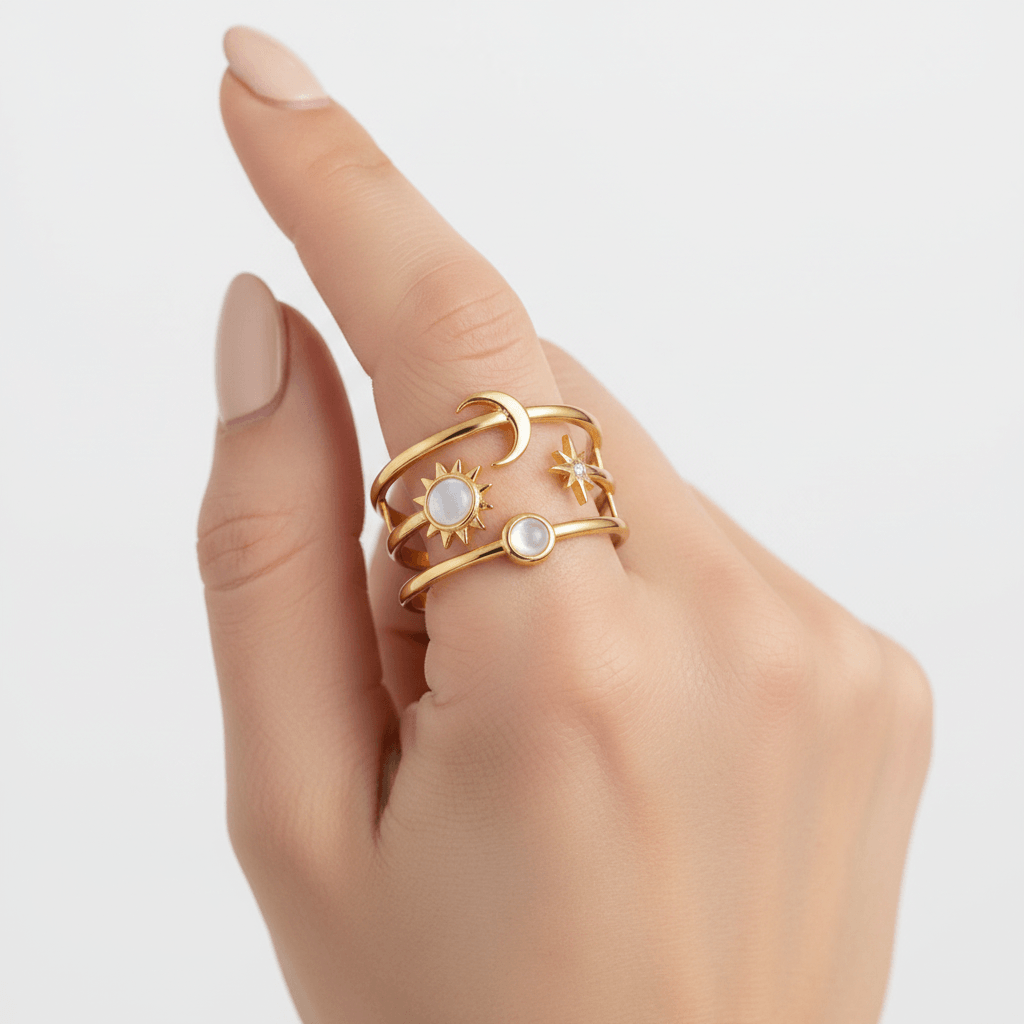 Celestial Harmony Ring – multi-band gold cuff with moon sun and star – Zoha Los Angeles