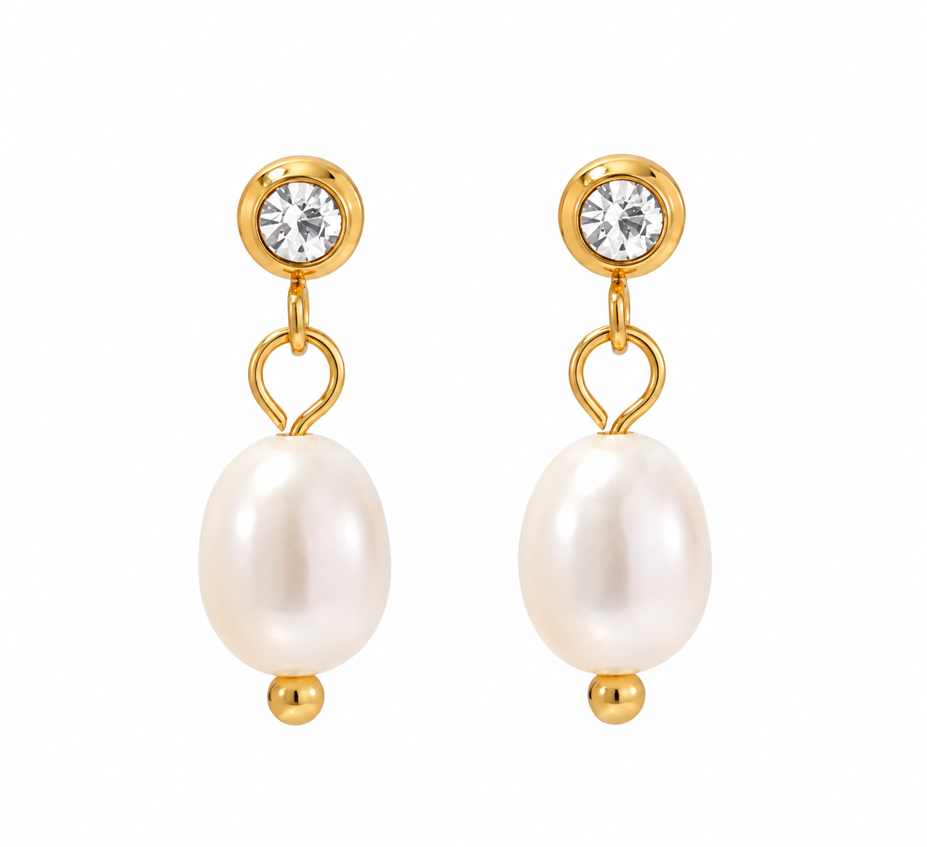 Gold-tone crystal stud earrings with oval white pearl drops 