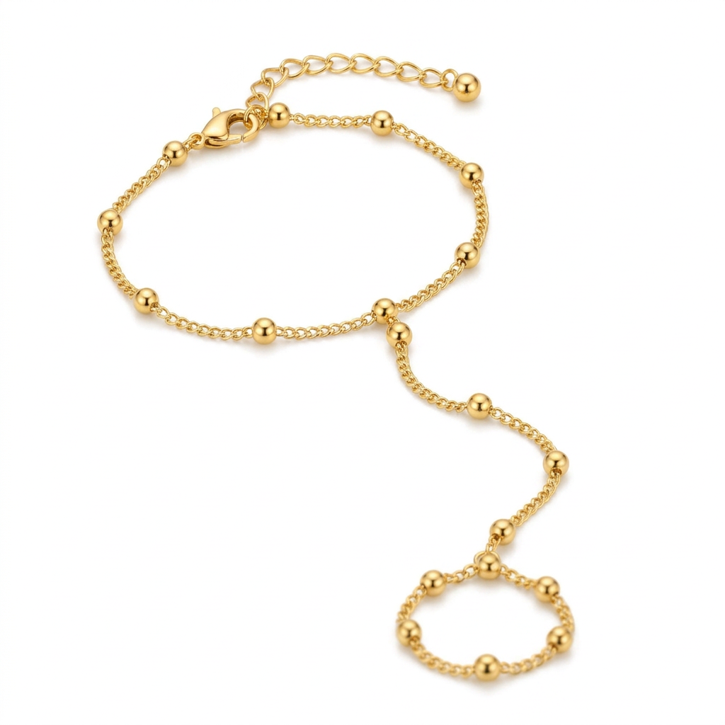 Gold beaded hand chain with finger loop, lobster clasp, and adjustable extension chain 
