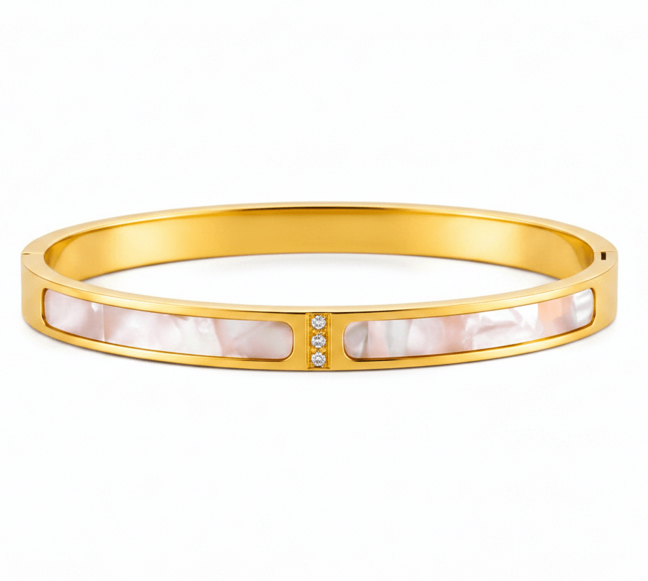 Grace Mother of Pearl Gold Bangle — 18k gold plated stainless steel bangle with mother-of-pearl inlays and CZ accents by Zoha Los Angeles
