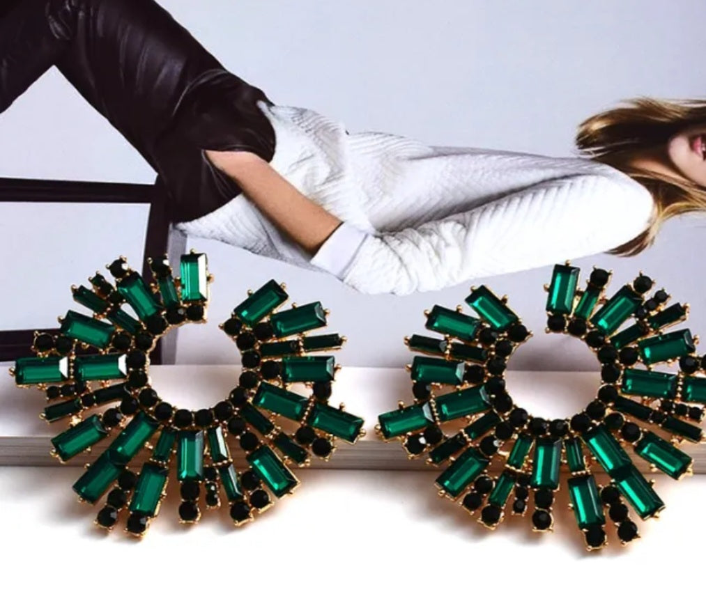 Jenny Sunburst Fan Earrings – Baguette Rhinestone Statement Hoops in green | Zoha Los Angeles