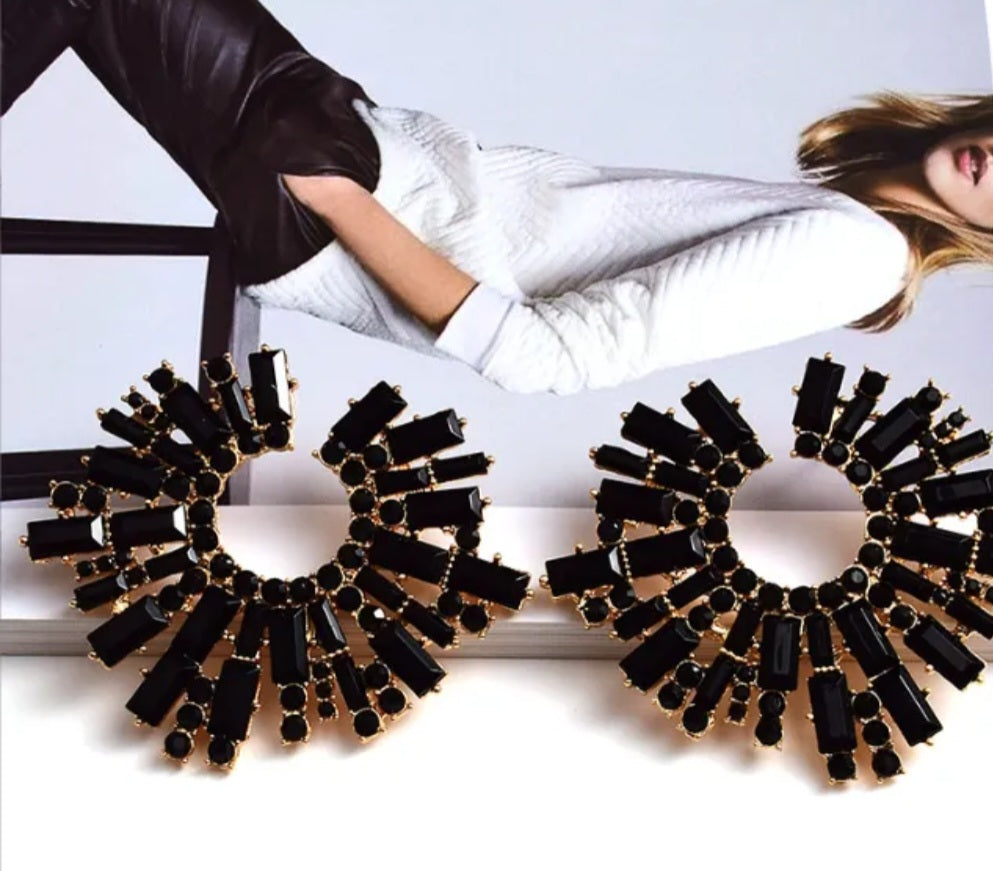 Jenny Sunburst Fan Earrings – Baguette Rhinestone Statement Hoops in Black | Zoha Los Angeles