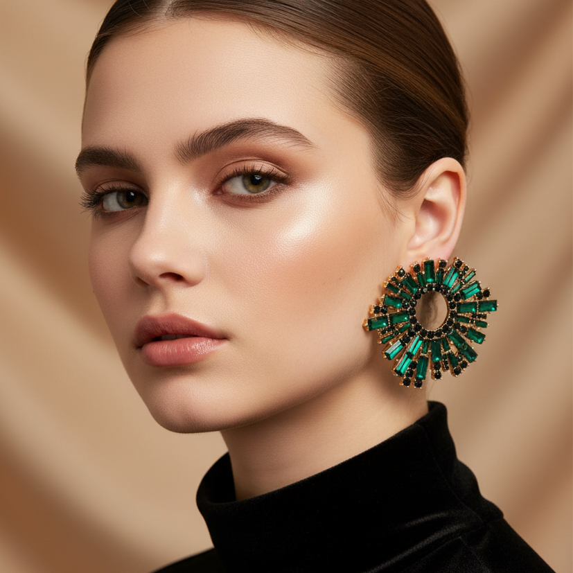Jenny Sunburst Fan Earrings – Baguette Rhinestone Statement Hoops in green | Zoha Los Angeles