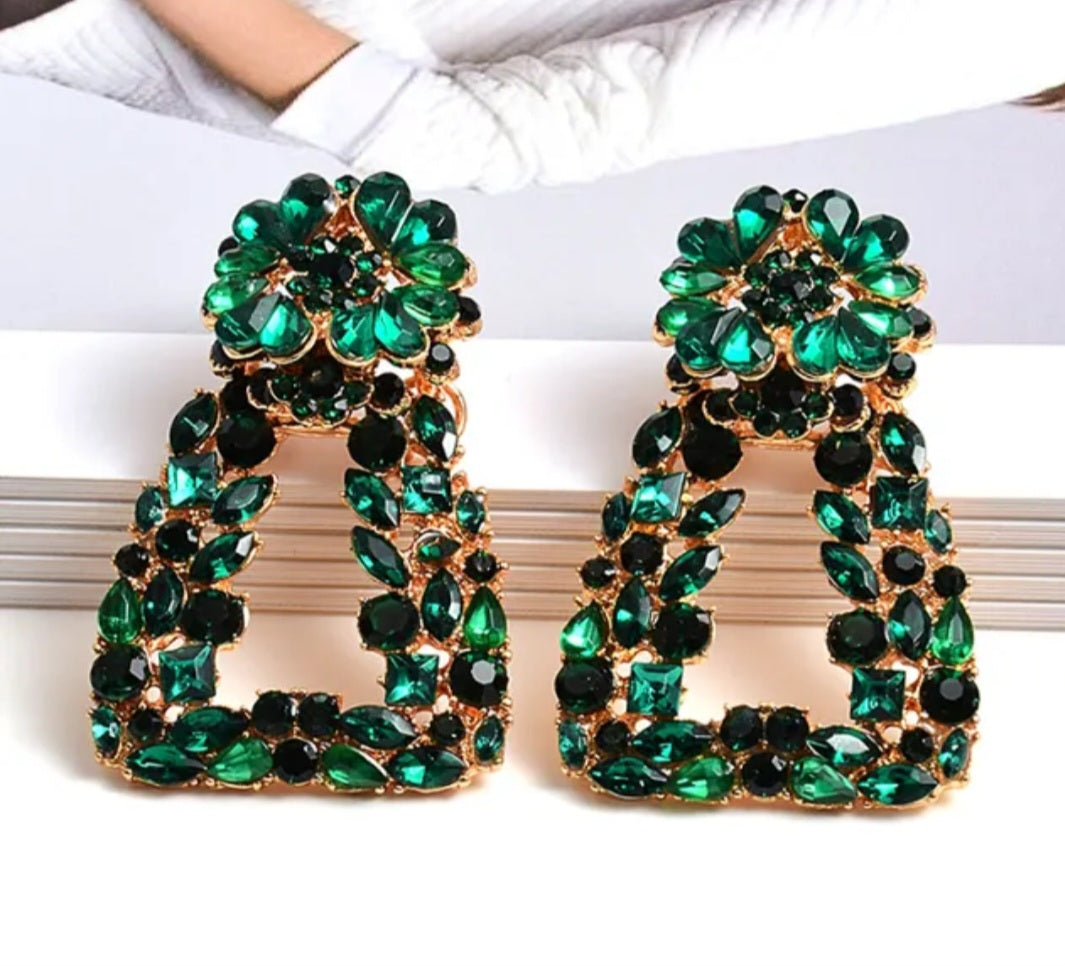 Laila Crystal Drop Earrings – Rhinestone Trapezoid Statement Drops in Green | Zoha Los Angeles
