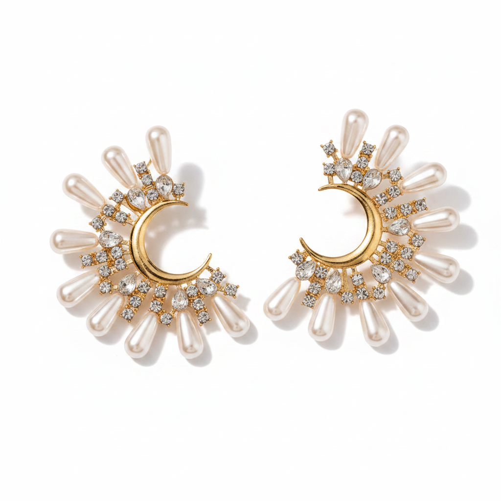 Mala Pearl Crescent Moon Earrings – Pearl Spike & CZ Hoops in Gold | Zoha Los Angeles