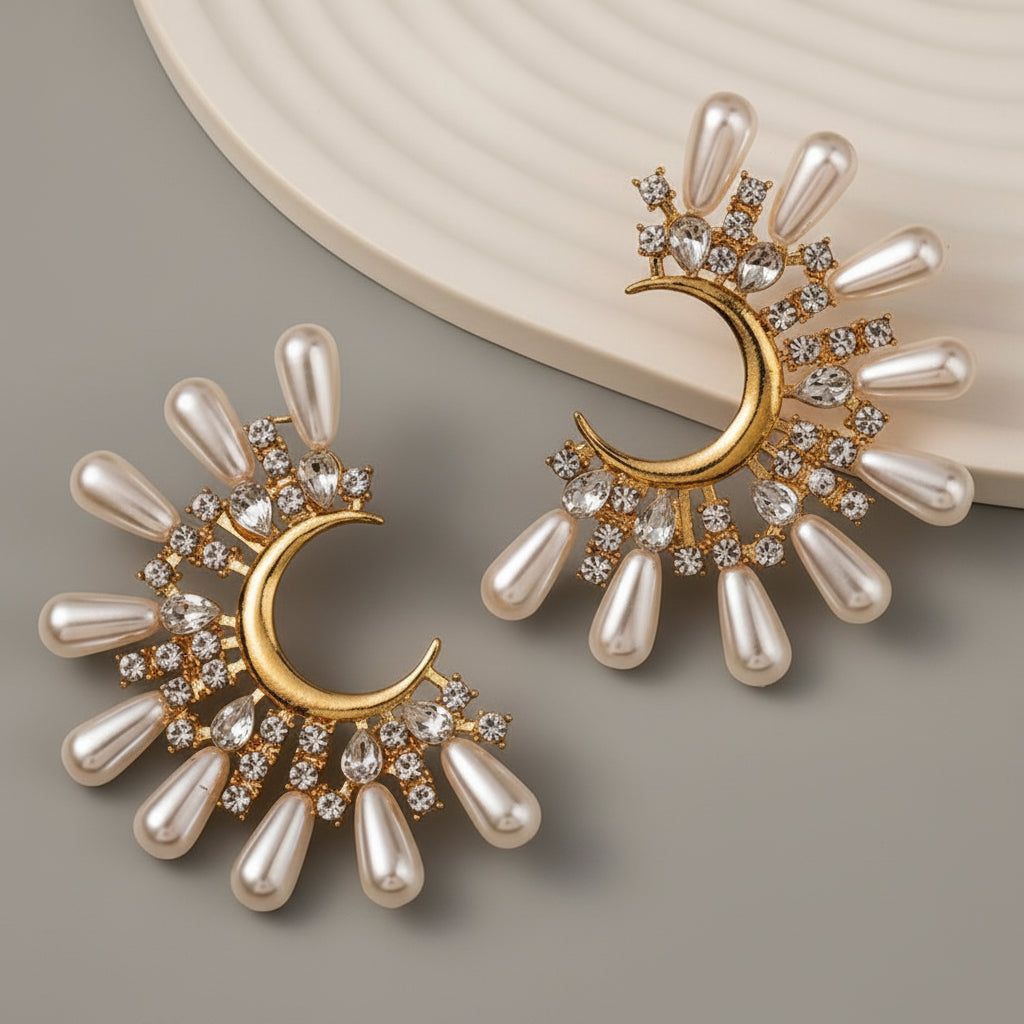 Mala Pearl Crescent Moon Earrings – Pearl Spike & CZ Hoops in Gold | Zoha Los Angeles