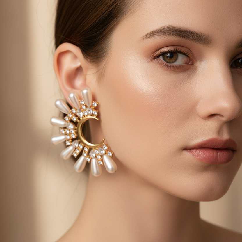 Mala Pearl Crescent Moon Earrings – Pearl Spike & CZ Hoops in Gold | Zoha Los Angeles