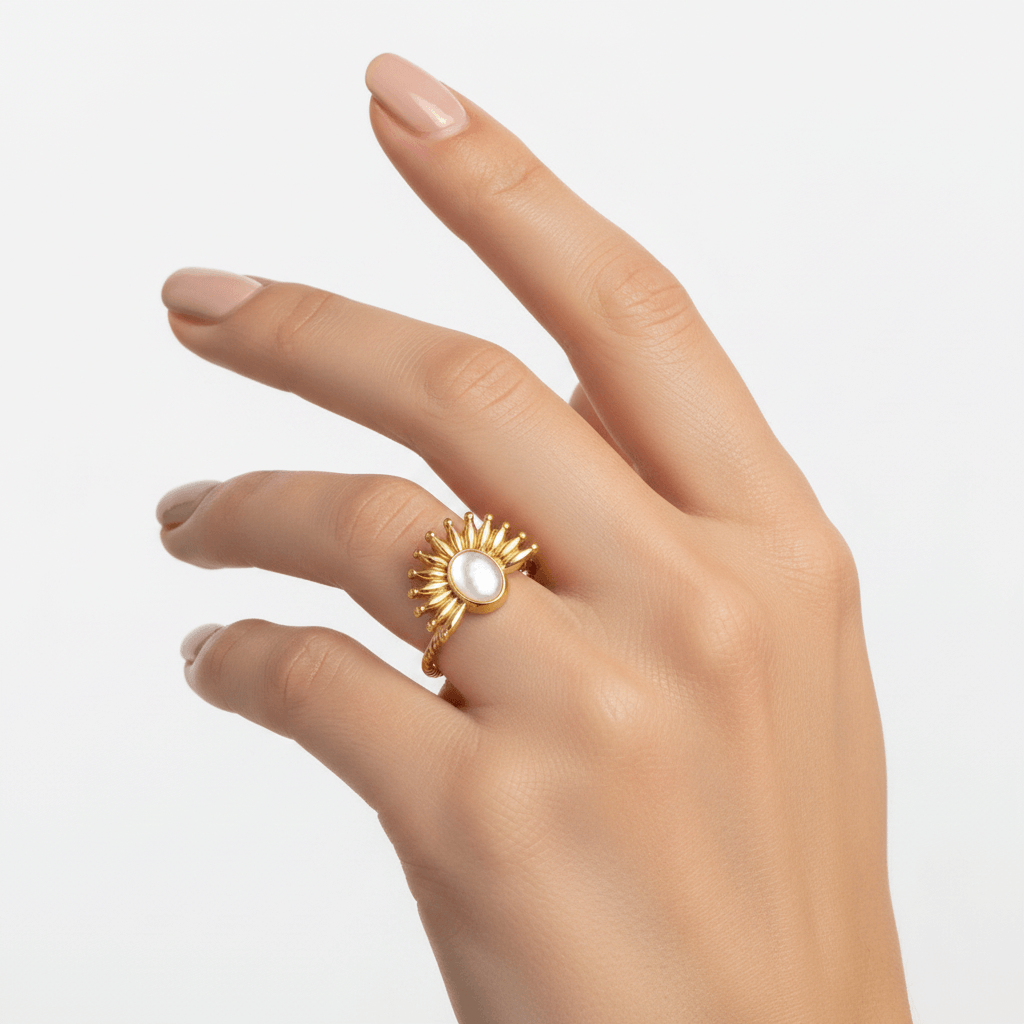 Solara Mother of Pearl Ring in gold with sunburst detailing – Zoha Los Angeles