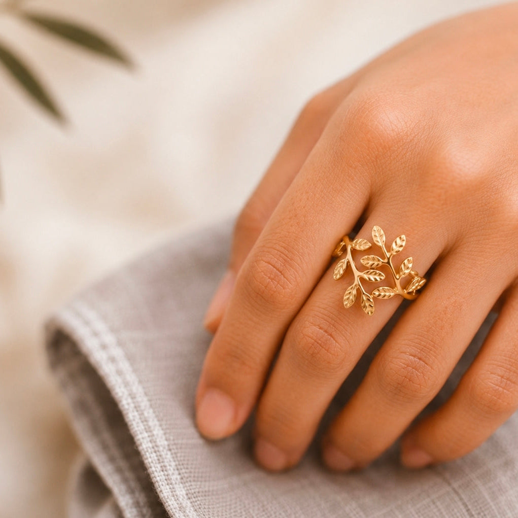 Olive Palestine Leaf Ring – 18k Gold olive Plated Leaf Heritage Ring | Zoha Los Angeles